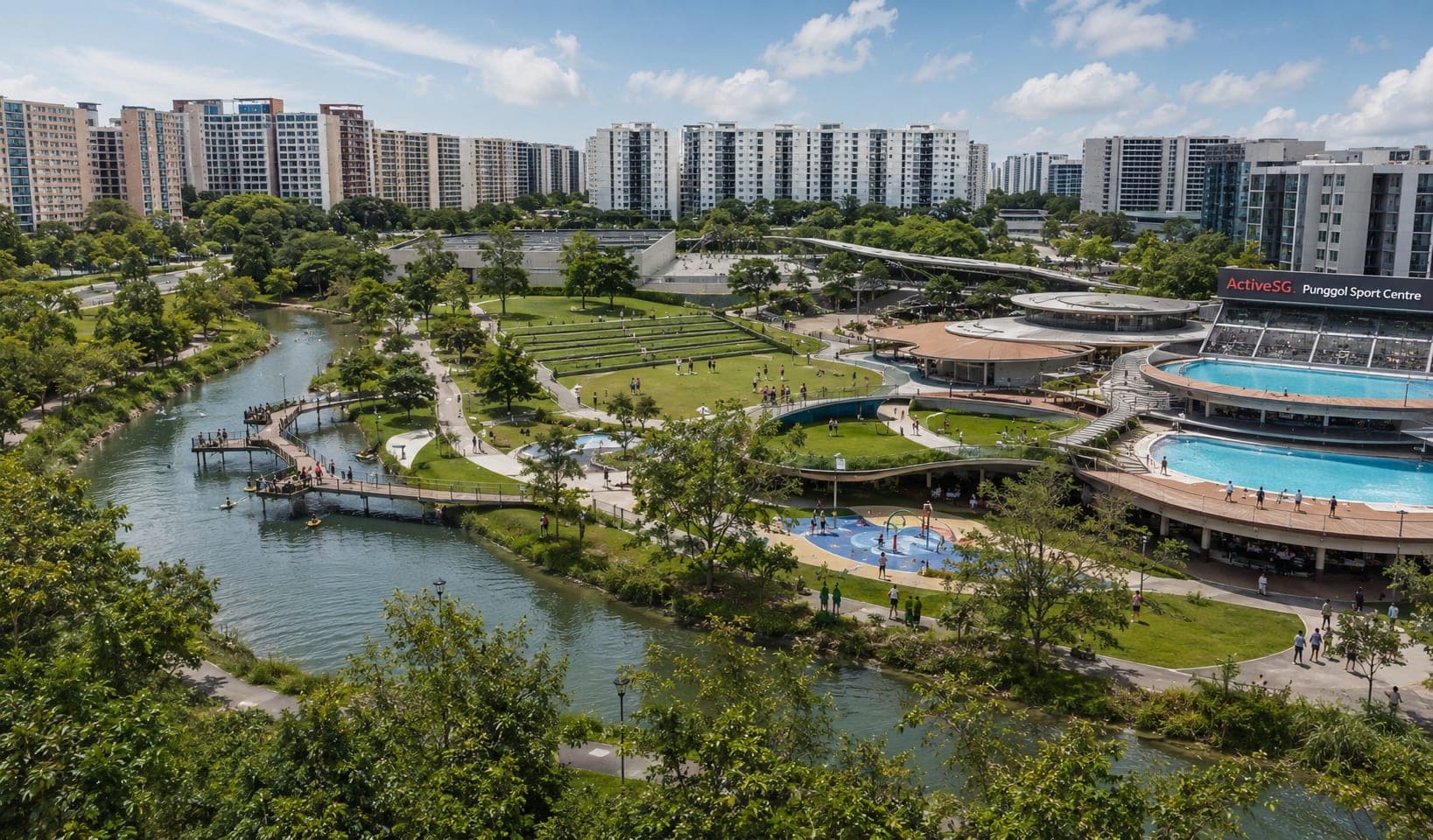 Aerial view of Punggol Swimming Complex pools, Waterway Park and Punggol town